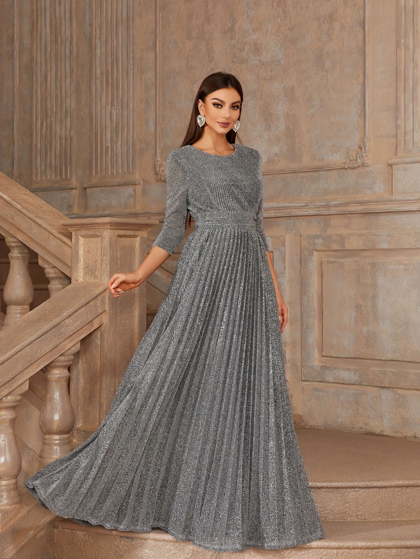 sparkling crew neck dress elegant 3 4 sleeve a line evening dress for party banquet womens clothing