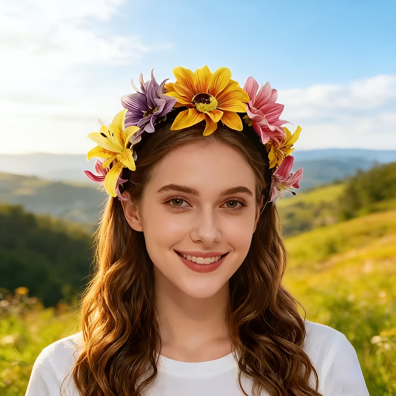 Image of 1 Vacation Floral Headband, Fashionable And Versatile Daisy Flower Hair Hoop, Scenic Photo Accessory