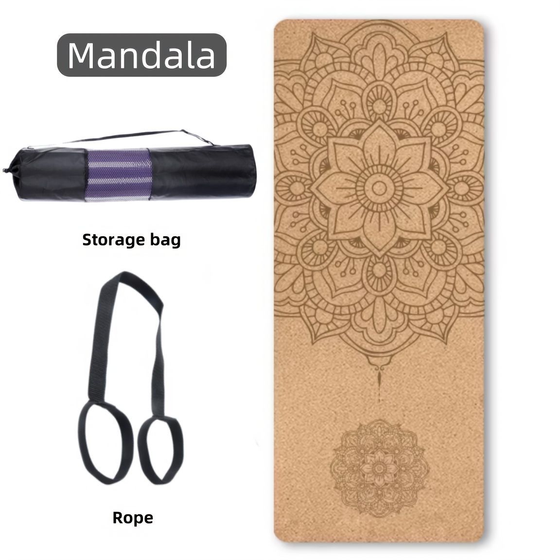 Image of Mandala Cork Tpe Yoga Mat, 72"x24", 5mm Thick Non-slip Exercise Mat With Carrying Bag & Strap, Laser-engraved Yoga Mat For Hot Yoga, Pilates & Home Workouts, Sweat-absorbent & Durable