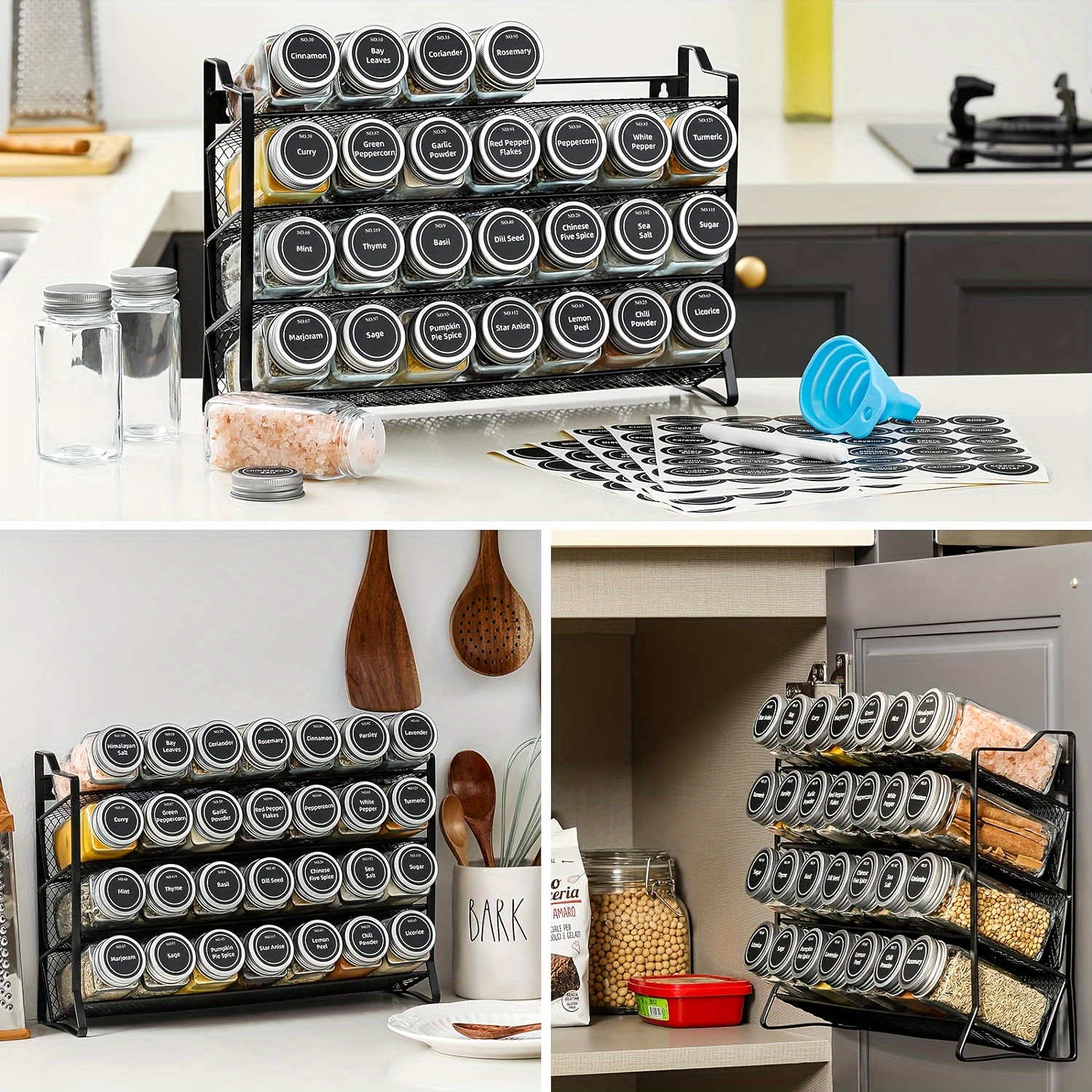 

Spice Rack Display With 28 Spice Bottles, 386 Spice Stickers, Chalk Pen, And Filling Accessories For Cabinet, Kitchen Counter, Pantry, Cupboard, Or Wall & Door Hanging