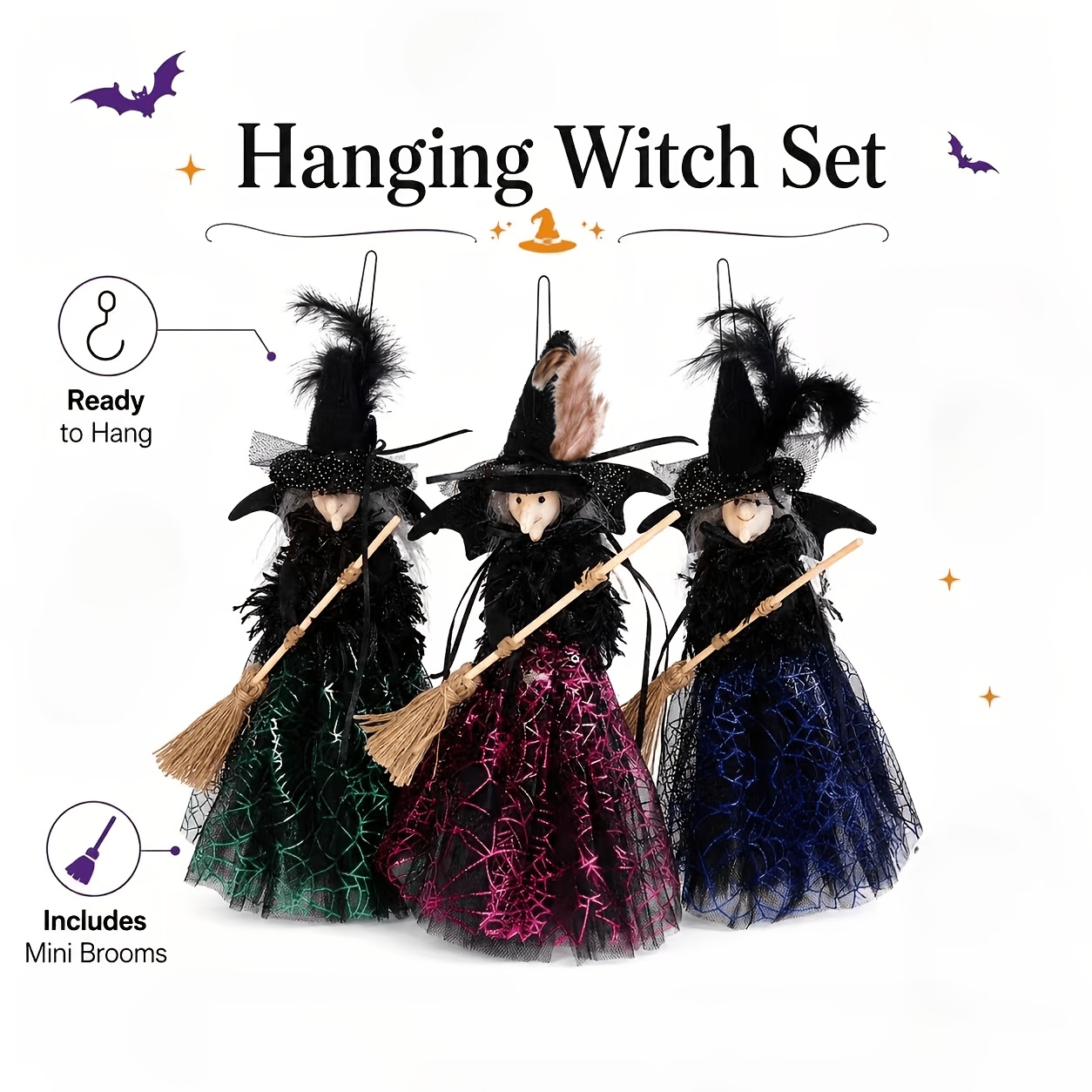 TEMU 3pcs Halloween And Witch Hanging Ornament Set, Featuring A Witch Figurine With A Realistic Feather Hat, Sparkling Spiderweb Skirt, And Fake