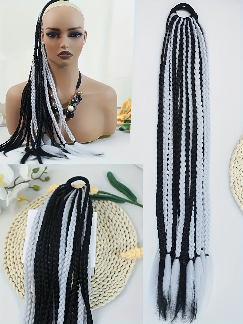 24 strand box braided ponytail extension for women high temperature synthetic hair with elastic band versatile straight style in black white hair accessories details 3