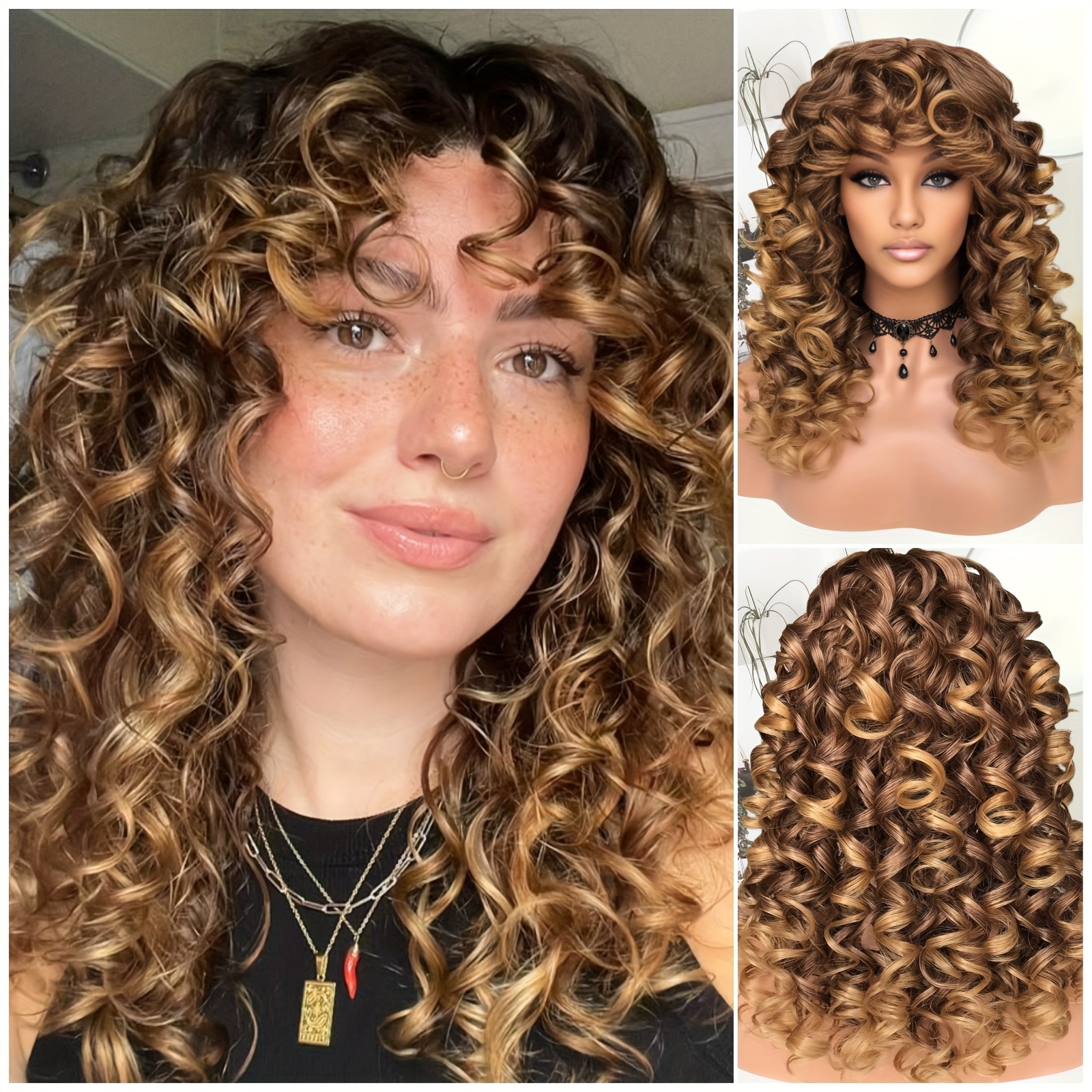 TEMU Dark Burgundy Wigs With Fringe, Glueless Hair Replacment Wigs With Bangs, Natural Looking Red Afro Wigs, Wigs, Long Synthetic Hair Wig, Multicolor Options, 20 Inches