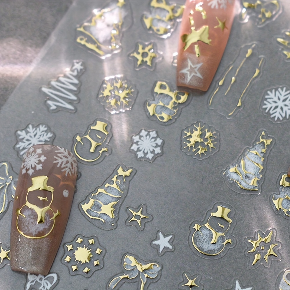 3d Self-adhesive Holographic Nail Art Decorations Featuring Golden Christmas Tree Designs, Snowflakes, Ribbons, Stars, And Bells For Shiny And Projects