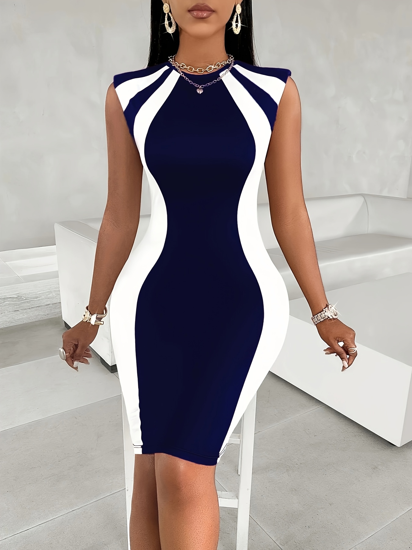 Vestido elegante y ajustado de cuello con estampado casual de moda  europea y americana con