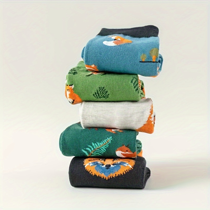 

5 Pairs Cartoon Fox Socks, Novelty Street Style Mid Tube Socks, Women's Stockings & Hosiery