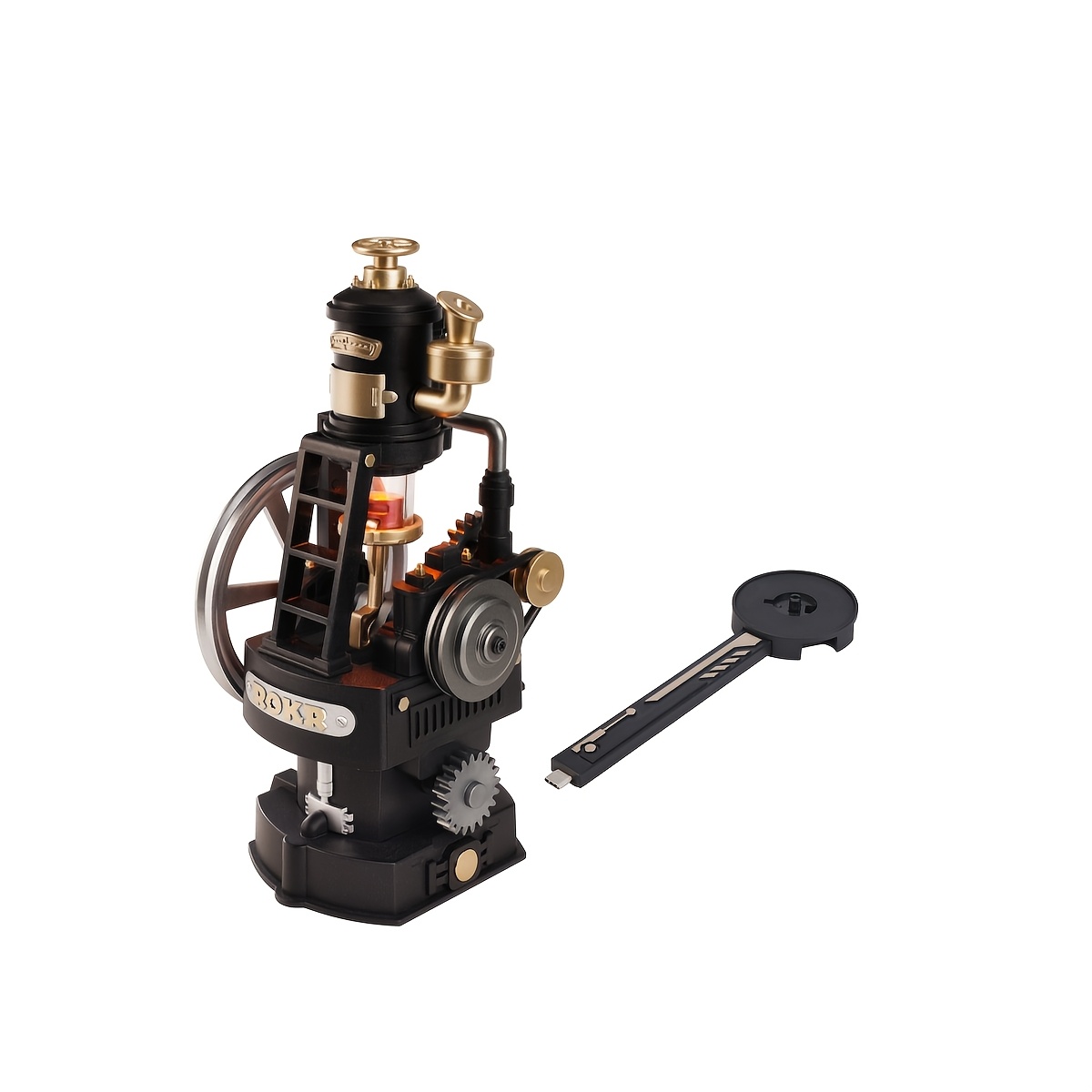 Image of Robotime 3d Puzzles 2pcs, Black Golden Vertical Engine Model With Usb-c Rotating Connector Base, Steampunk Mechanical Building Kit With Led Light, Ages 14+, Desktop Decor(cgm03+cg0x)