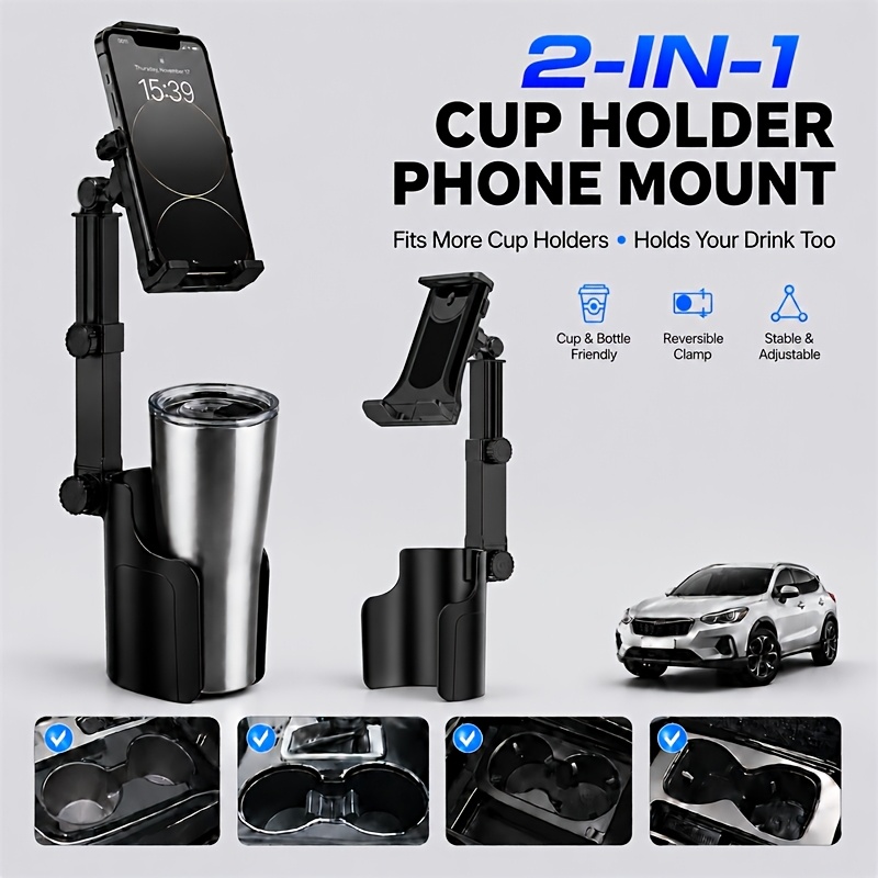 TEMU 2-in-1 Car Cup Holder Phone And Tablet Mount, Adjustable Height And 360° Rotation Cell Phone Stand, Universal Cup Holder Expander With Stable