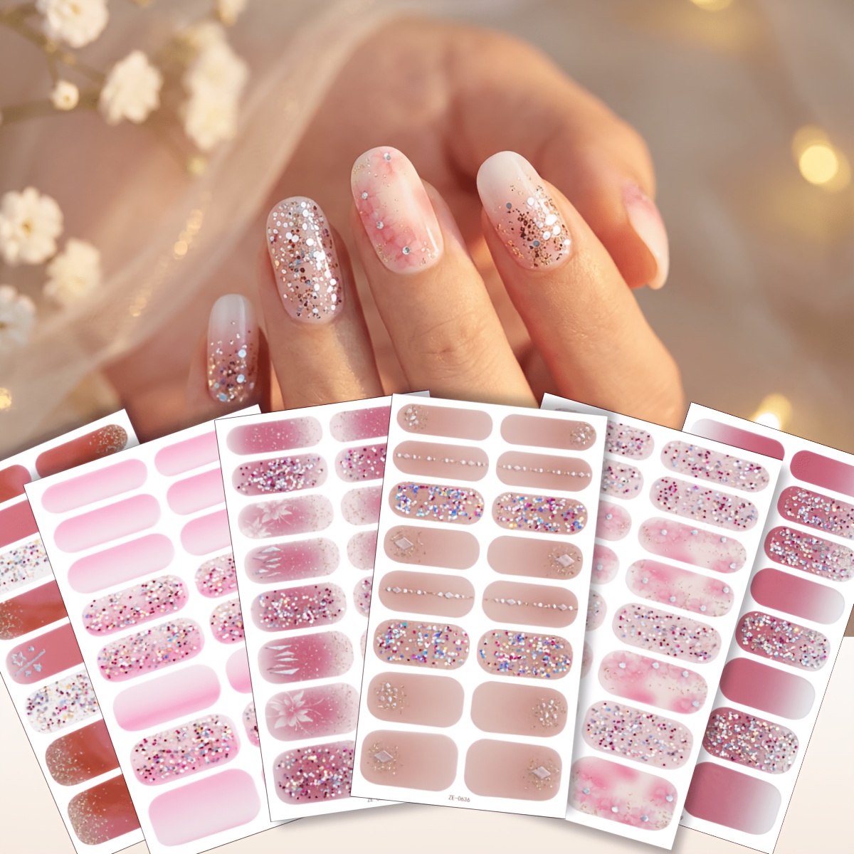 Image of 96pcs Spring Pink And Red Gradient Transparent Sparkling Full Nail Wraps, Disposable Nail Stickers, Suitable For Women's Date Travel And Daily Nail Stickers