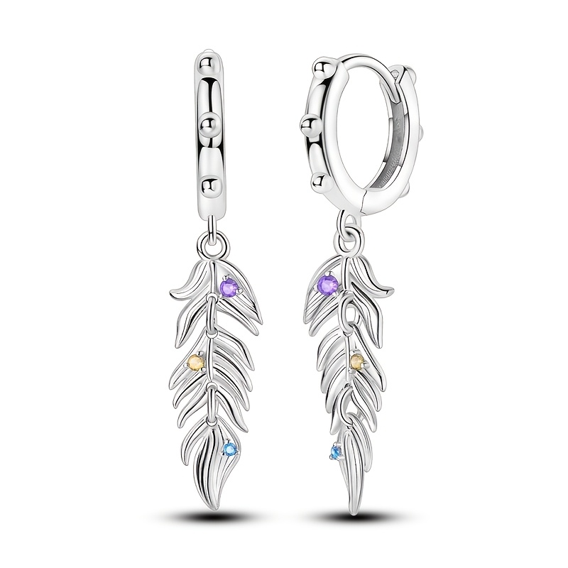 

1 Pair 925 Sterling Silver Vintage Feather Tassel Earrings, Synthetic Zirconia Stones, 925 Silver Plated, With Synthetic Zirconia Stones For & Gift-