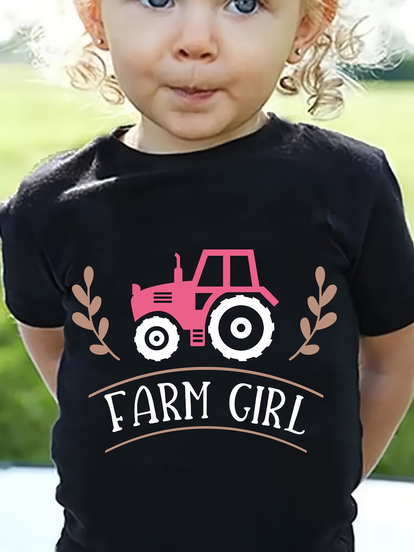 Farm Girl & Cartoon Tractor Graphic Print Girls' Stylish & Comfy Crew Neck Short Sleeve T-Shirt For Spring & Summer Girls' Cloth