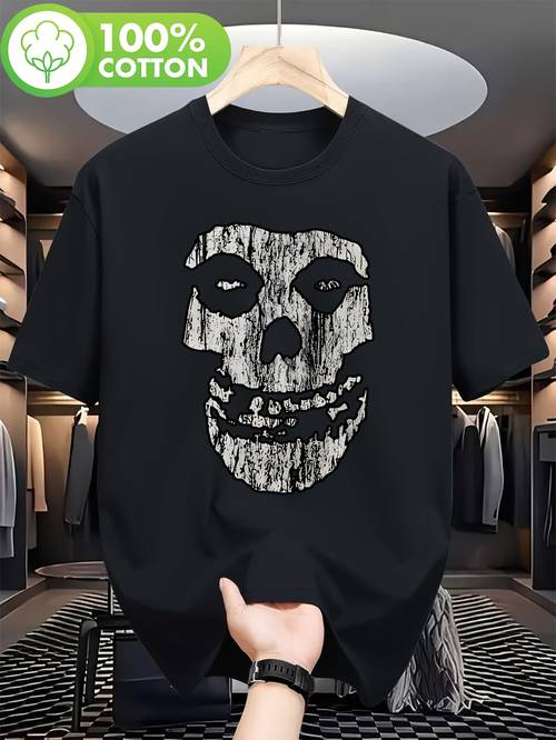 mens loose round neck t shirt humorous 2d skull design tee fashionable pattern short sleeve gift for him trendy summer casual wear