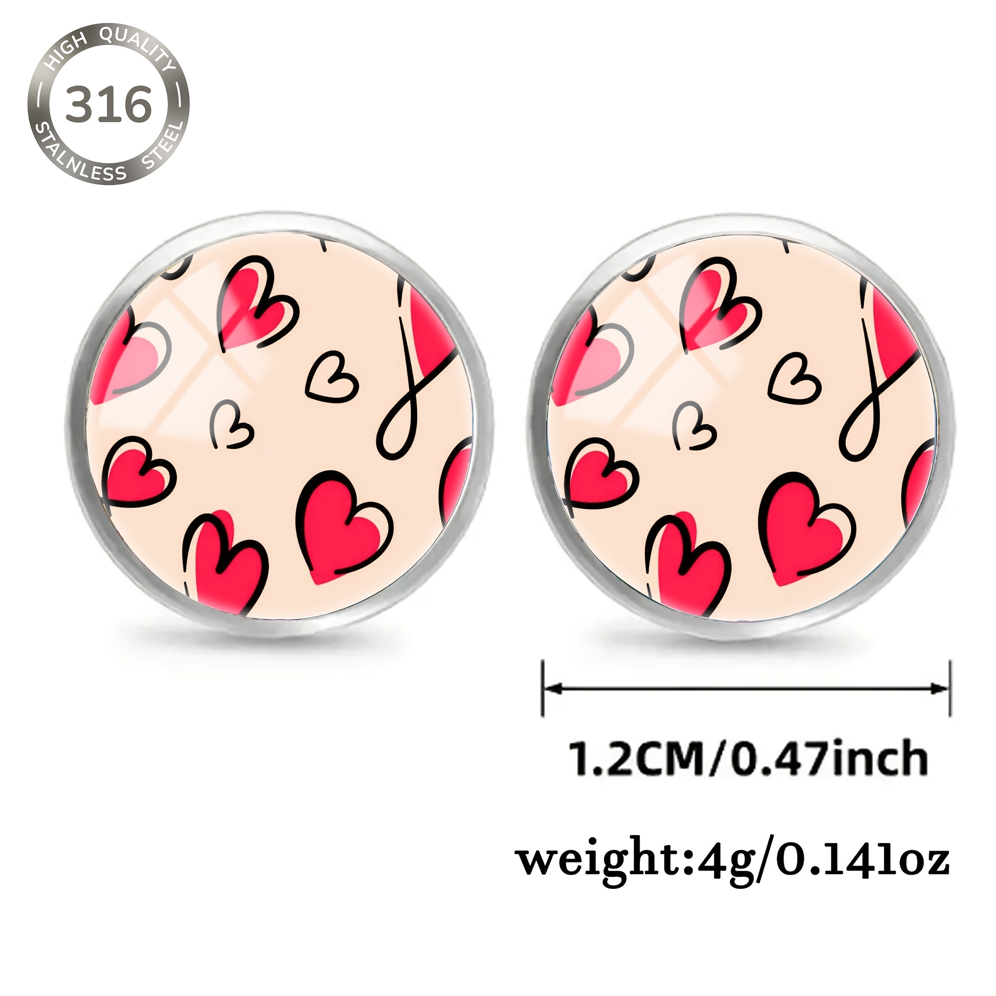Hand-painted Red Heart Pattern Stud Earrings, Stainless Steel