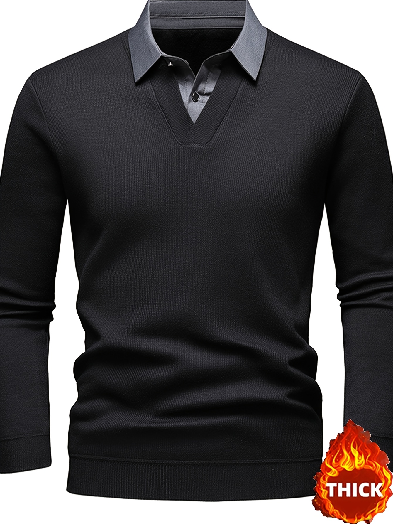 2025 Winter Men's Knitted Pullover, Warm and Comfortable with -Lined Thickened Fabric, 2-in-1 Look with Lapel Collar in a Simple Solid Color Design, Stylish and Elegant