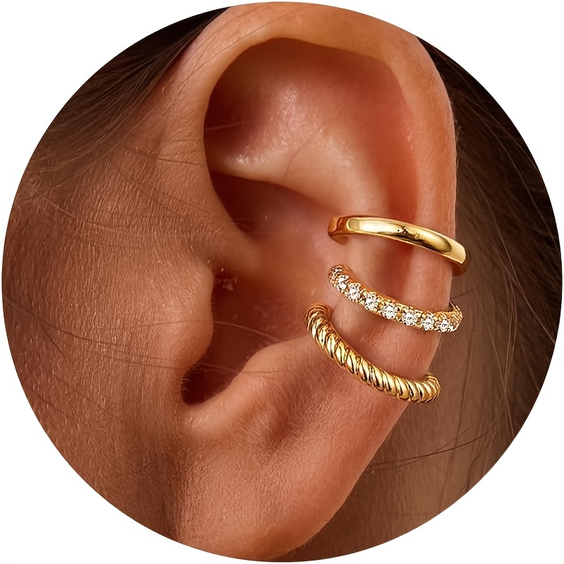 E-shop 3er-Set Ohr-Cuffs ohne Piercing für Damen – Zierliche, dünne, vergoldete Clip-Ohrringe, Knorpel-Cuff-Set, stapelbarer