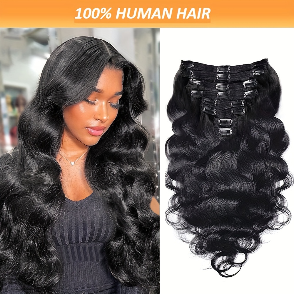 

Luxurious Body Wave Clip-in Hair Extensions For Women - 8 Pcs, Double Weft, Real Human Hair, 120g, Natural Black, Fits All