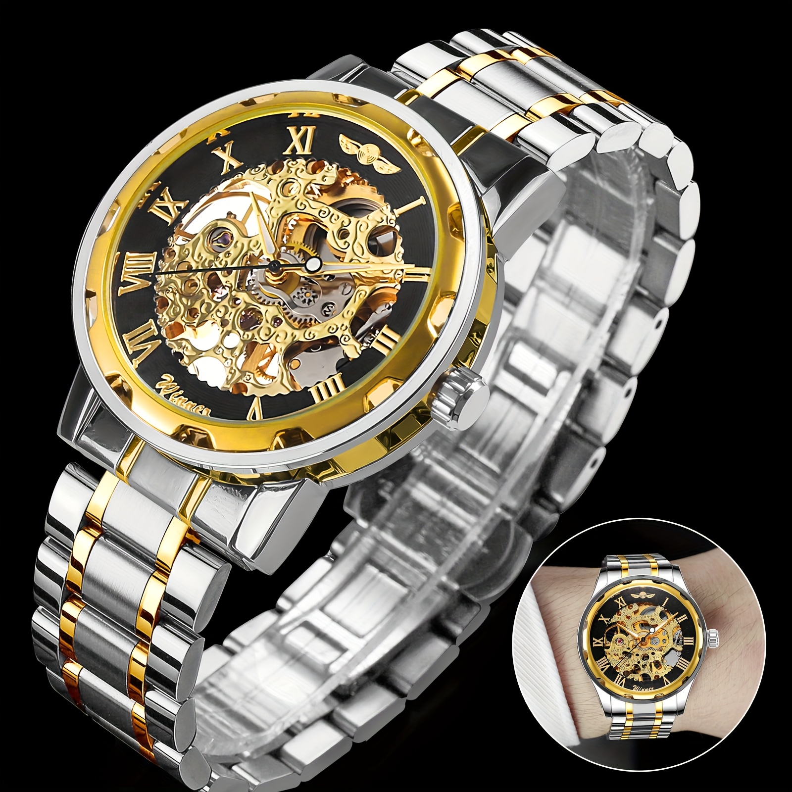 TEMU Winner Mechanical Watch With Golden Strap And Black , Fashion And Business, Valentine's Day Gift For Men