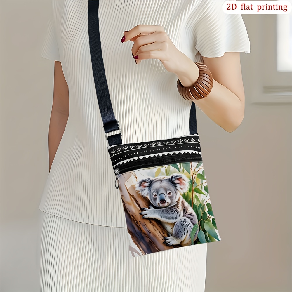 TEMU 1pc Casual Crossbody Bag With Koala On Tree Leaf Print - Adjustable Strap & Zipper Closure, Durable Small Phone Bag Suitable For Outdoor,