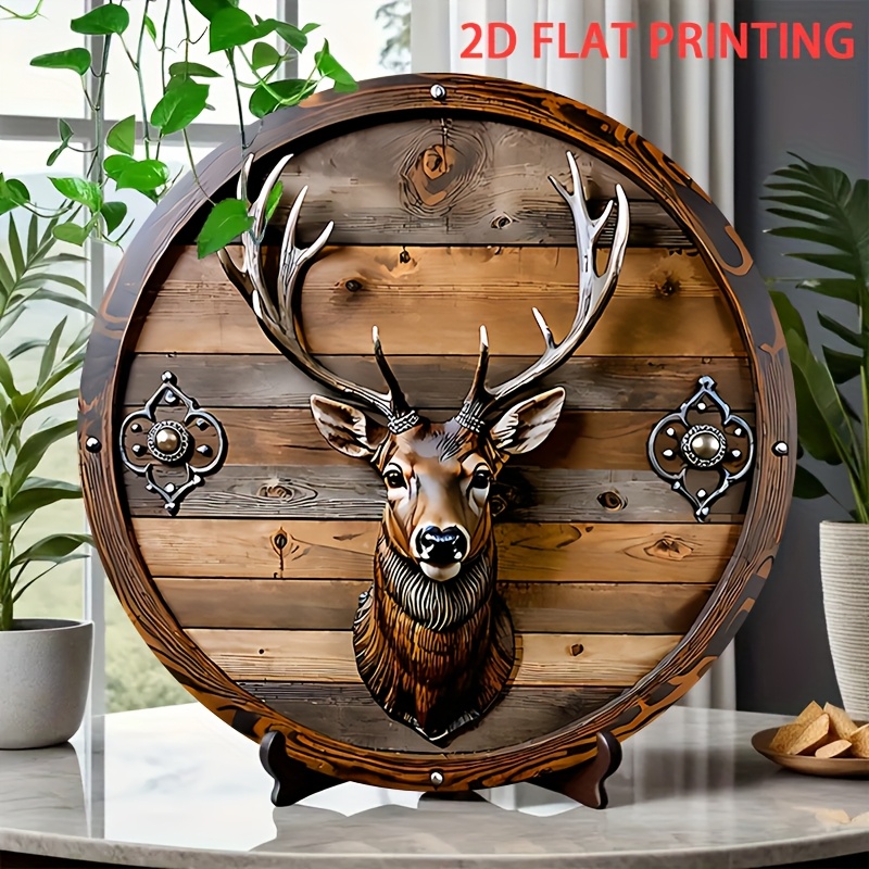 TEMU 2d Flat, 1pc 1pcs Vintage Rustic Deer Head Wall Decor - Flat Round Deer Head Wall Art Suitable For Living Room, Cabin, Cafe - Rustic Deer With