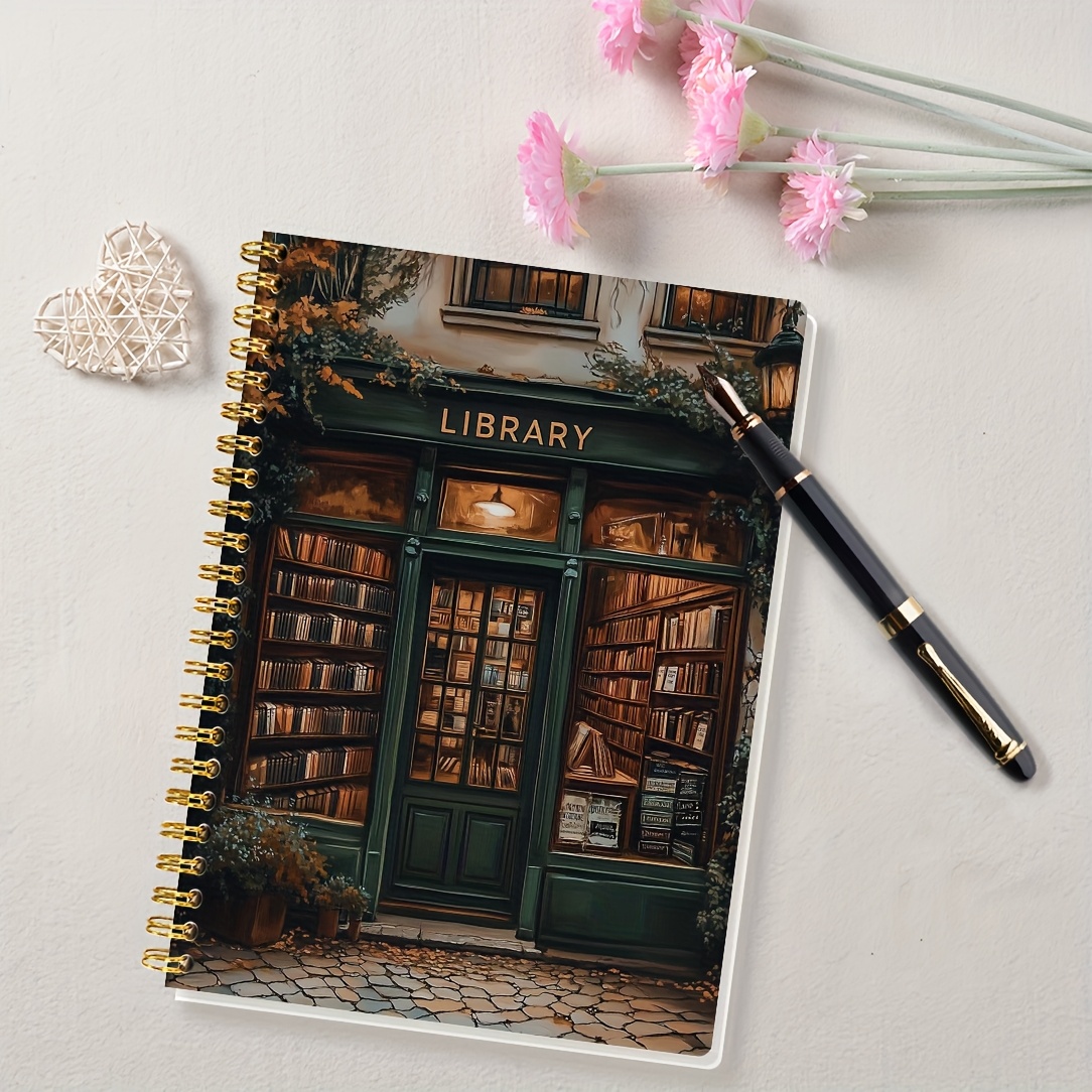 TEMU 1-pack A5 Hardcover Spiral Notebook, Retro Library: A Notebook For Writing Of Wisdom, Double-wire Binding Is Sturdy, Turning For Writing Memo