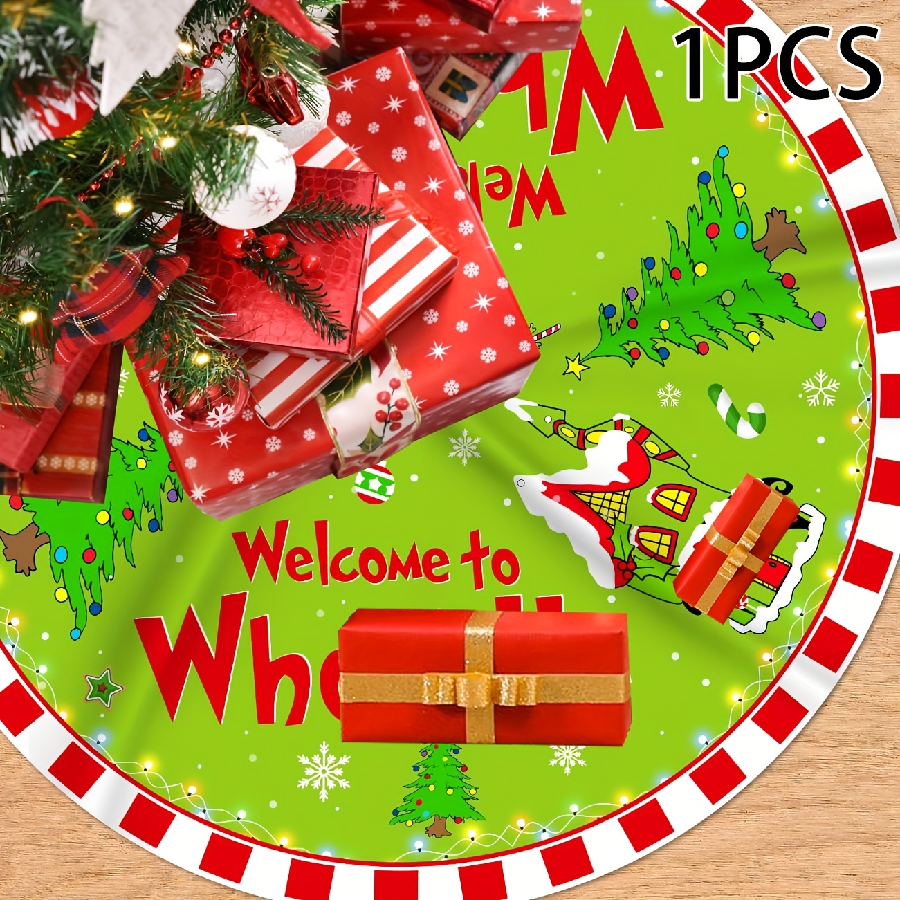 TEMU Christmas Tree Skirt - Welcome To The ! 48-inch Red And Green Christmas Tree Skirt, Indoor Christmas Decoration, Christmas Ornaments, Christmas