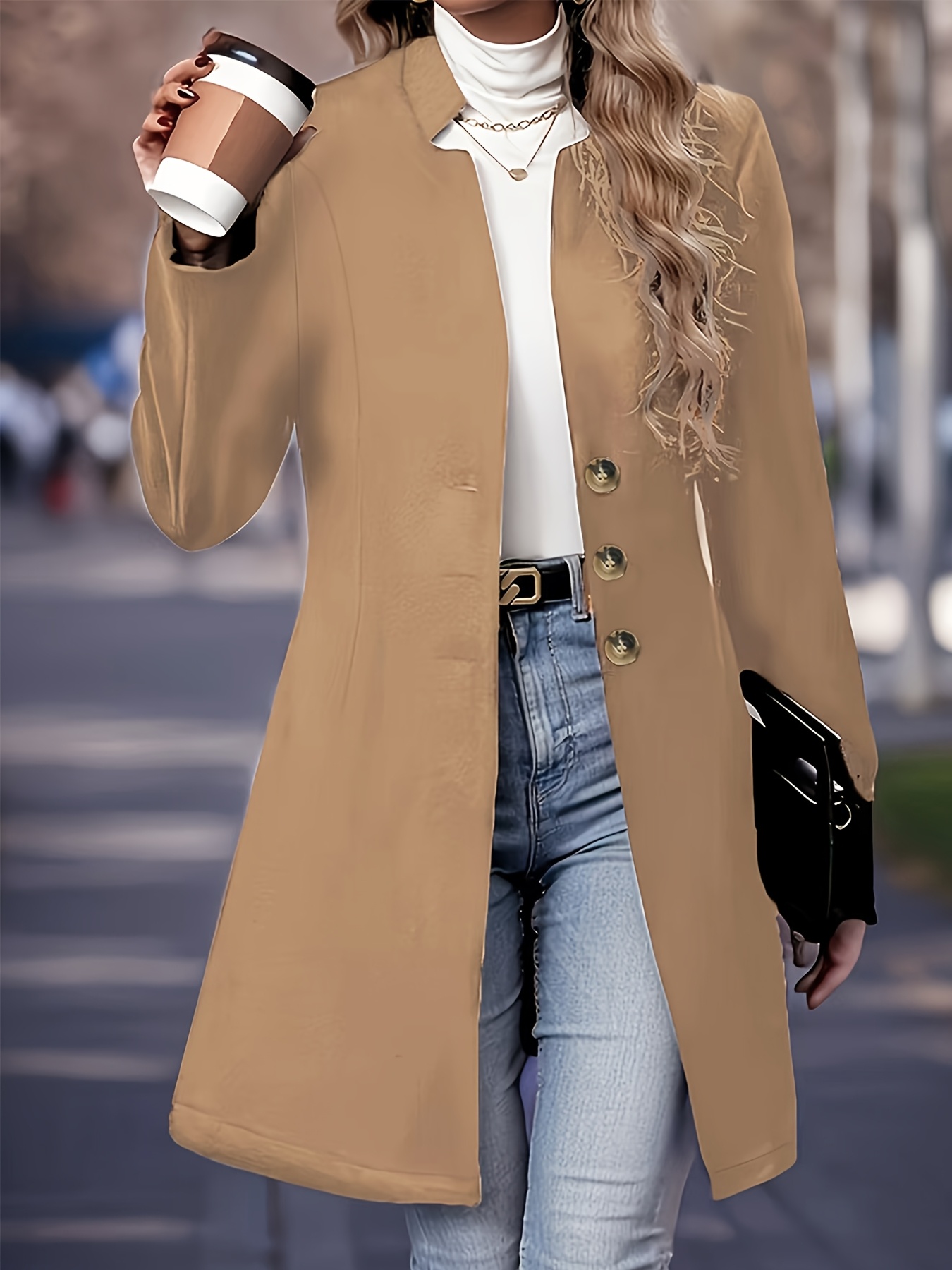 womens lightweight solid color tweed coat elegant single Temu Canada