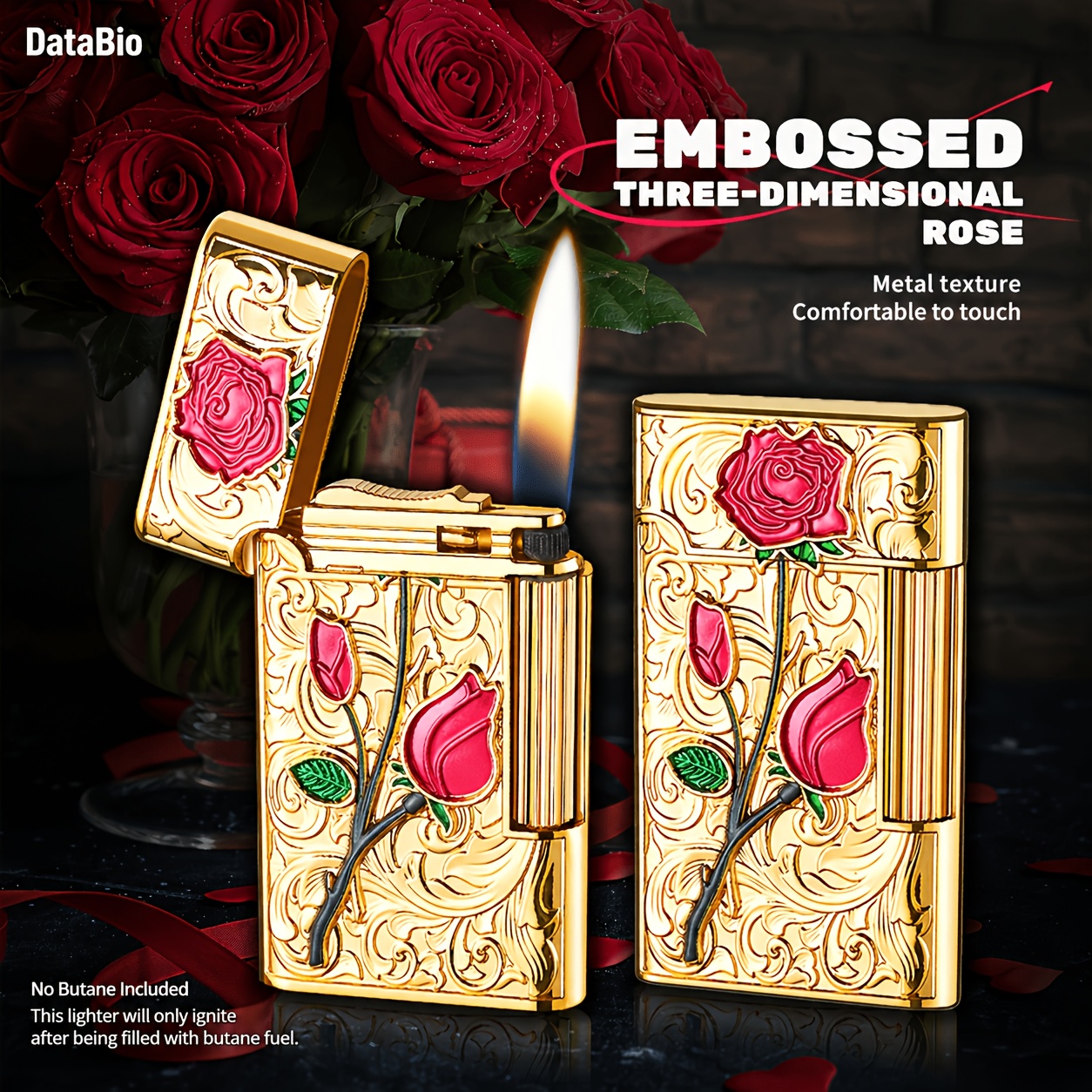TEMU (kerosene Not Included) Embossed Rose Kerosene Lighter Reusable, , Flip Windproof Lighter, Suitable For Collection, Candle, Valentine's Day Gift