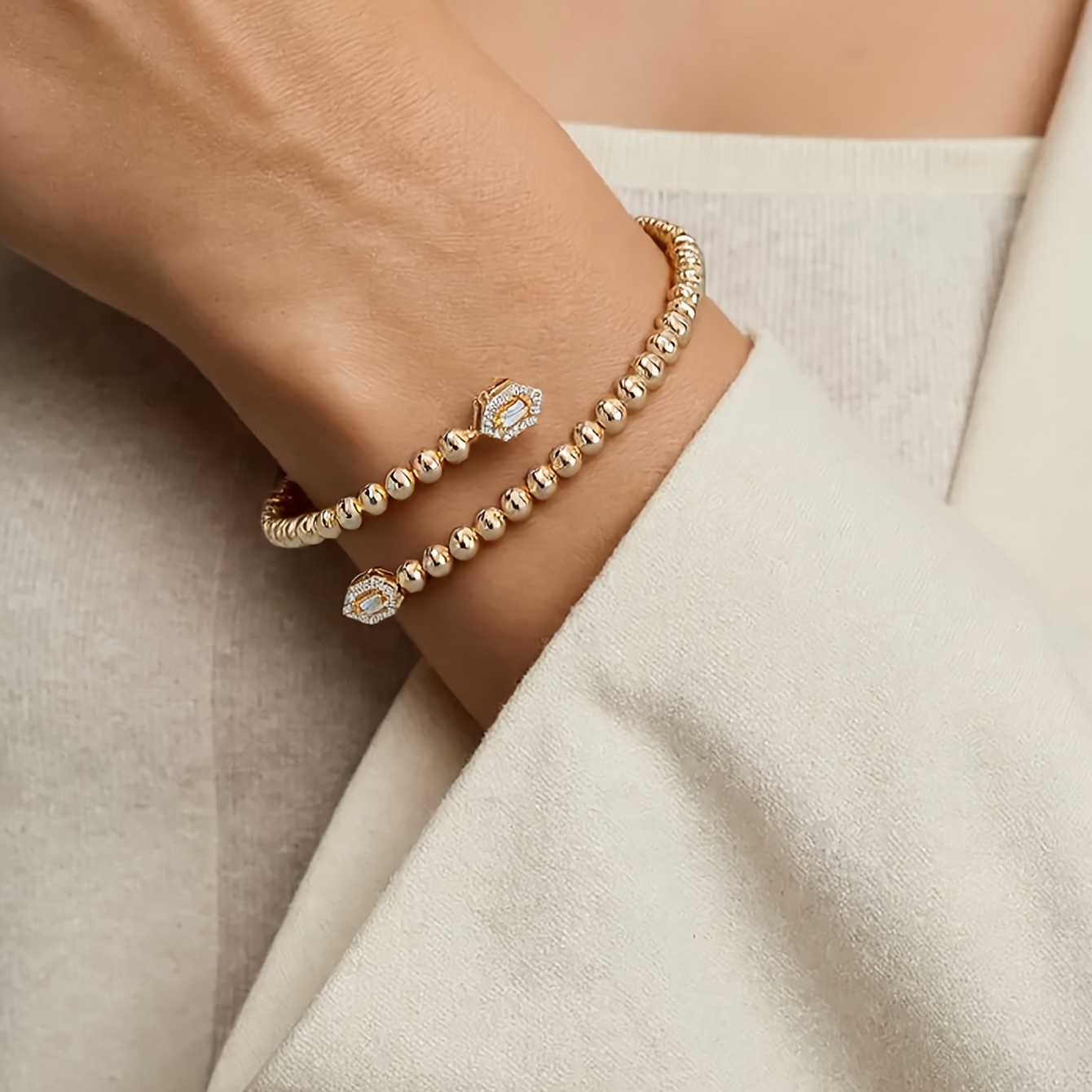 TEMU ouvert élégant et facile à pour femmes, multiple perles rondes en cuivre, hexagonal en cuivre avec synthétique, bijou de poignet ajustable, pour