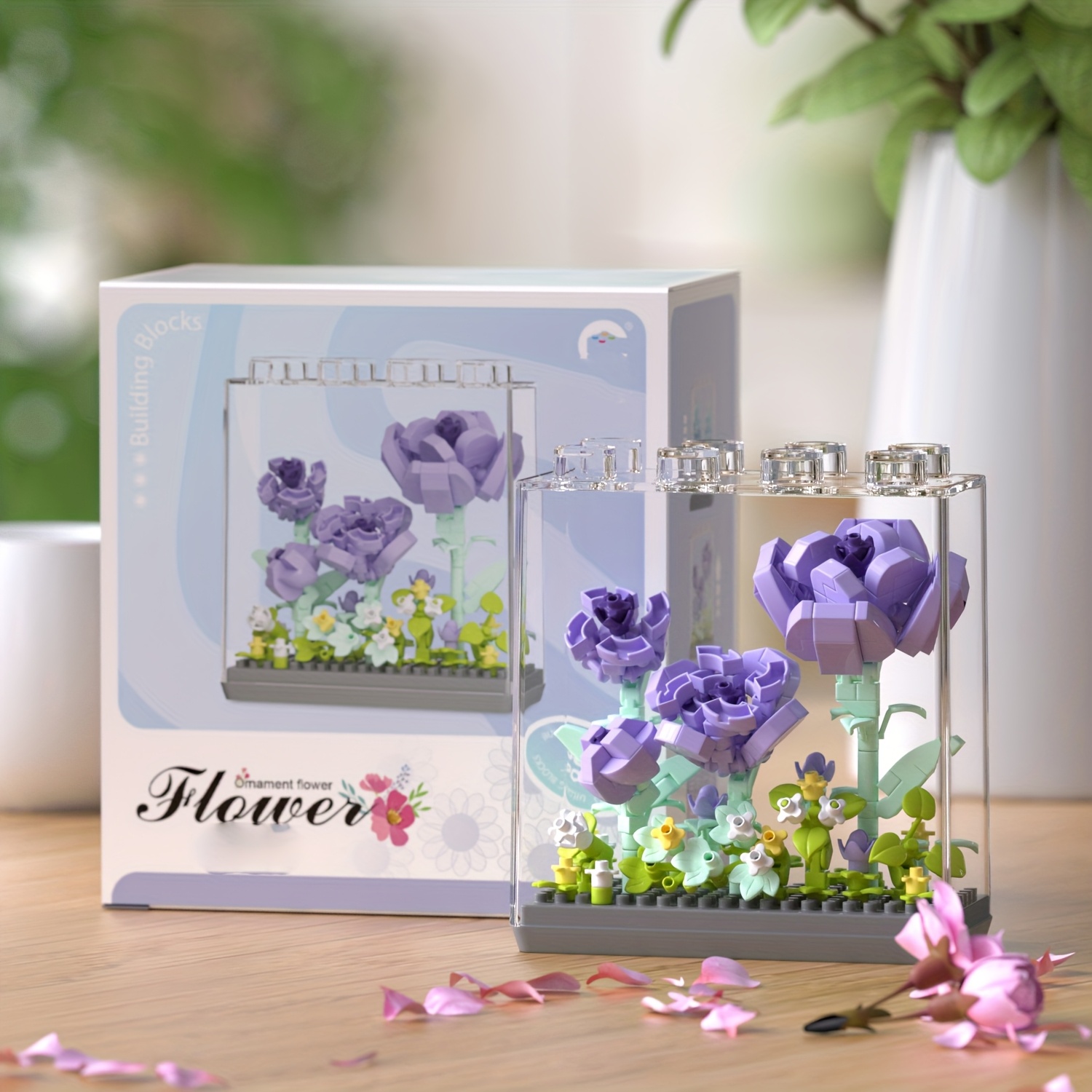 Stackable Dustproof Box with Floral Rose Micro Particle Building Blocks