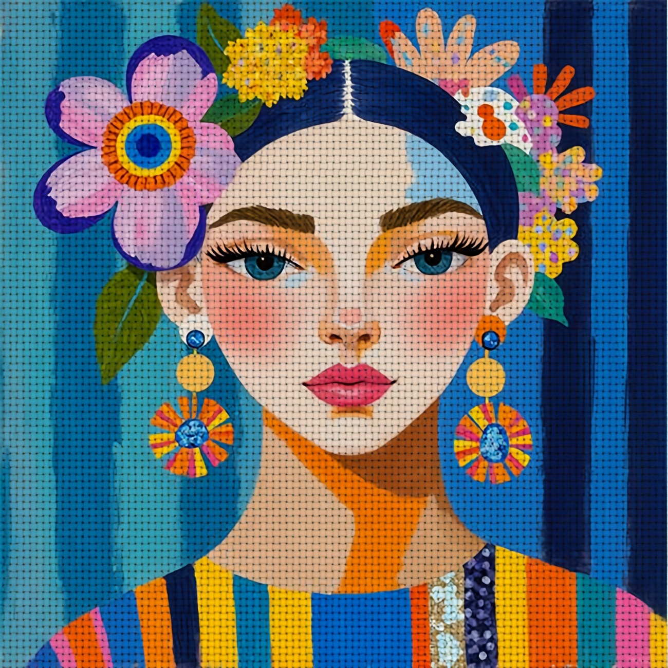 TEMU Kit d'impression de broderie point de croix DIY 1 pièce, cadre, Avec le motif "Illustration de femme avec coiffe florale colorée". Parfait pour