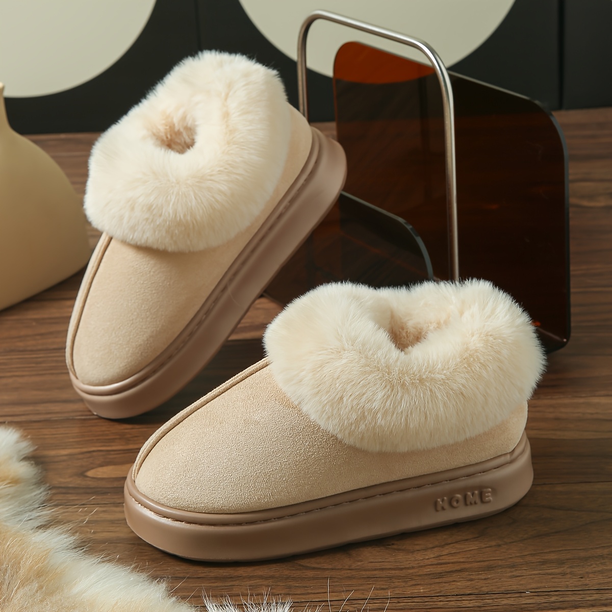 TEMU Winter Thickened Plush Heel Slippers For Women, Platform Anti-slip Slippers, Versatile Snow Boots For Outdoor Wear