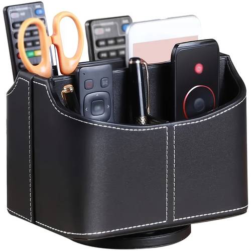 item picture 360 swivel remote control holder with 5 compartments pu leather versatile desktop storage box remotes caddy makeup organizer baskets for tv controllers mobile phones glasses cosmetics office stationery etc desk and drawer organizer for home office supplies storage home organization sleek storage box spacesaving design sturdy construction durable storage caddy multicompartment organizer makeup enthusiasts remote control
