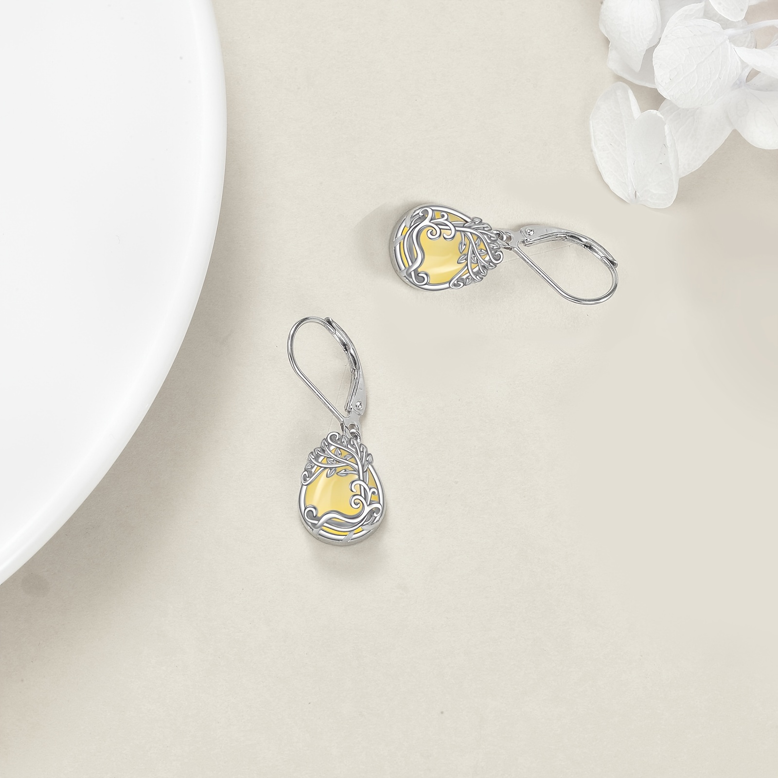925 sterling   of life yellow agate drop dangle teardrop earrings tree of life leverback earrings for women jewelry gifts Product details 3