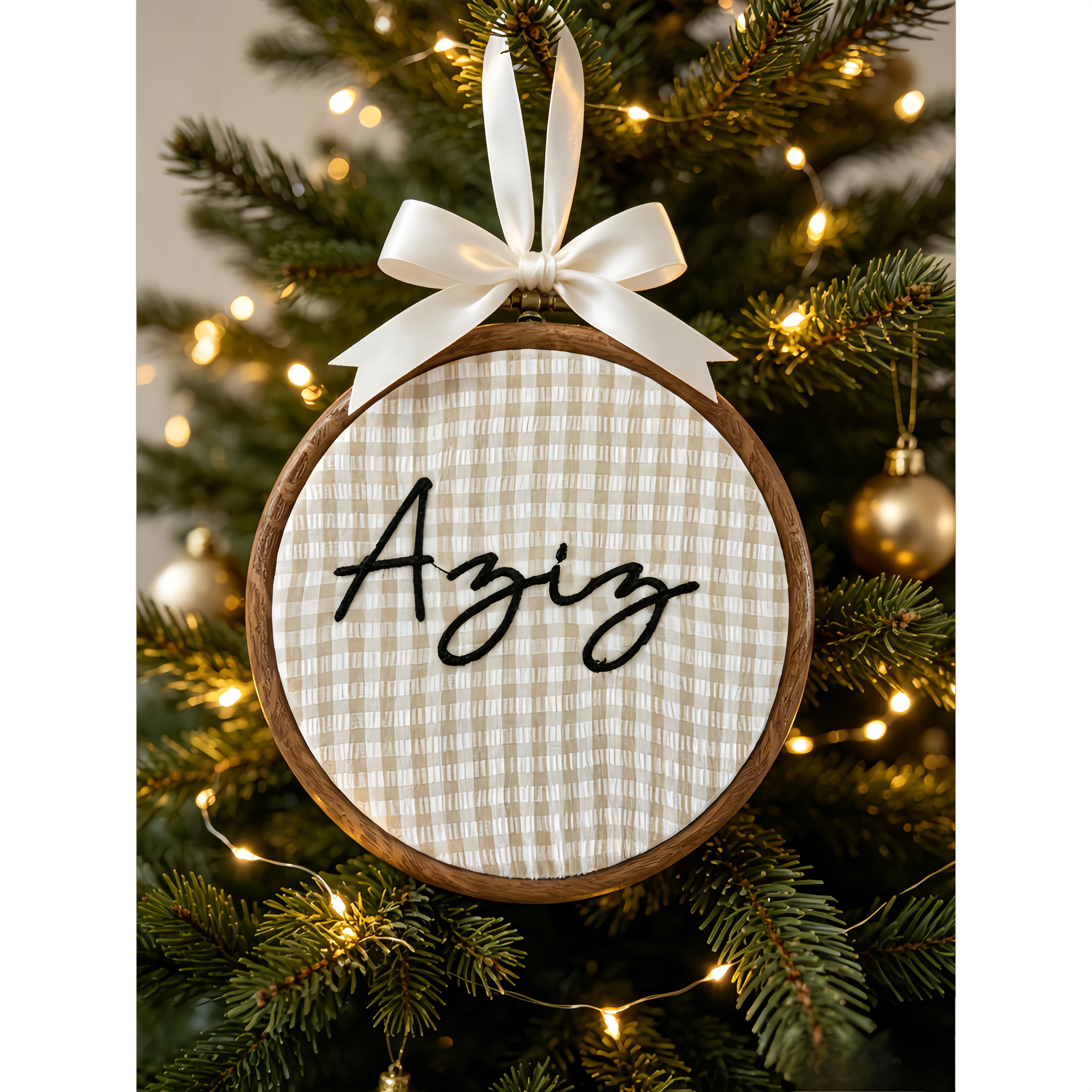 TEMU Personalized Name Embroidered Hoop Christmas Ornament, Customizable Name Embroidered Hoop Hanging Decoration, Plaid Fabric Commemorative