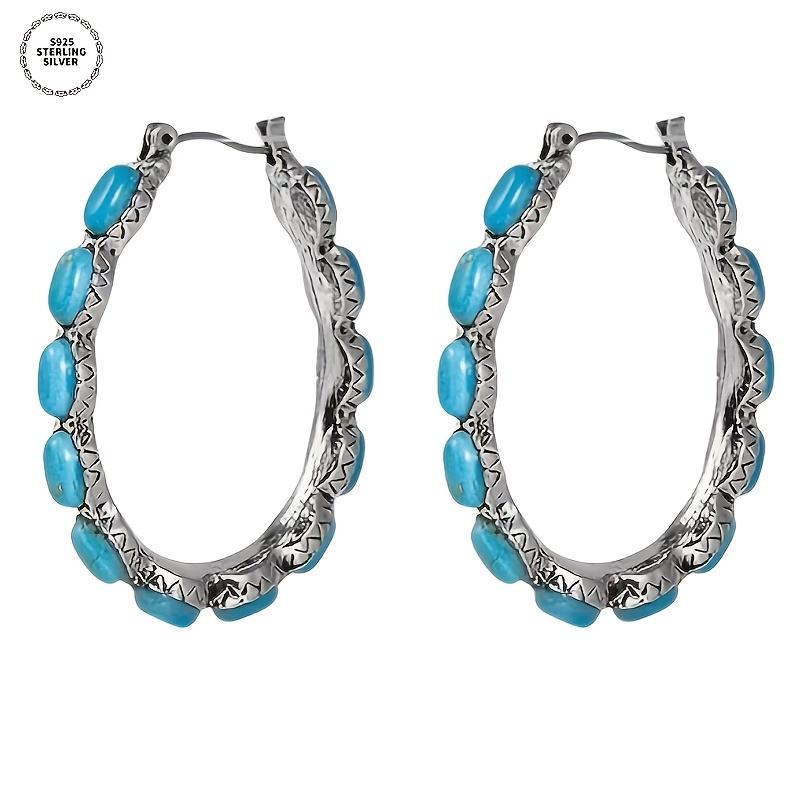 TEMU 925 Sterling Silvery Turquoise Earrings, Bohemian Retro Fashion, And Elegant, Suitable For Daily Wear, Gifts For, Graduation Season, Halloween,