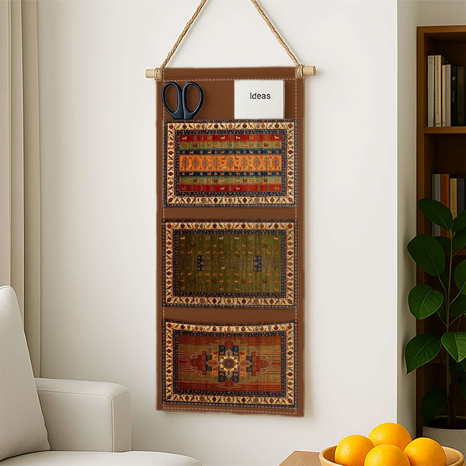 TEMU Étagère murale organisatrice 1 pièce style tribal persan avec 3 poches - Système de rangement à bordure géométrique orientale vert cuite,