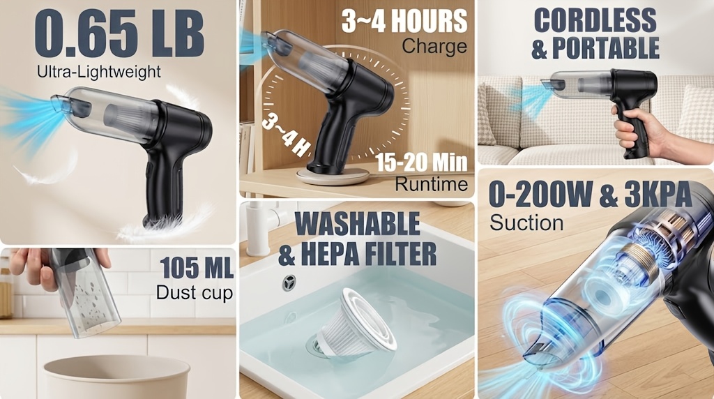 Aspirator portabil puternic fără fir, aspirator de uz casnic, suflă și aspiră toate într-unul, încărcare USB, mini, ușor, pentru curățarea prafului, mărunțișurilor de gustări, părului, potrivit pentru spațiile de pe canapea, desktopuri, spațiile de pe scări, animale de companie