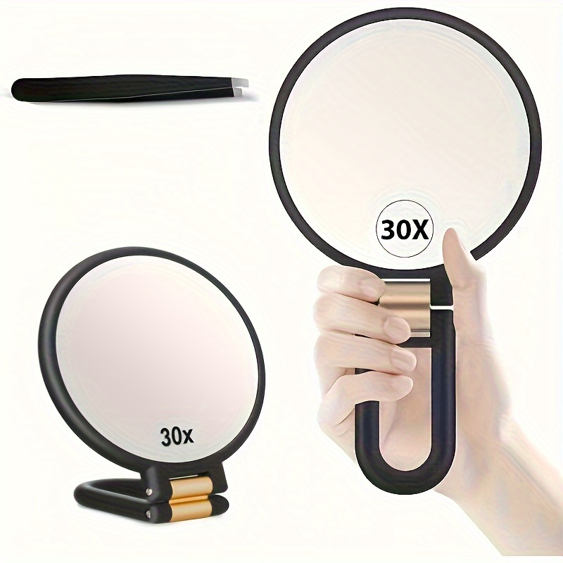 

30x Dual-sided Magnifying Handheld Mirror With Tweezers Set - 1x/30x, 360° Adjustable Stand, Portable Travel Makeup Mirror For Eyebrows & Beauty, Cartoon Design, Plastic Frame, No Battery Needed