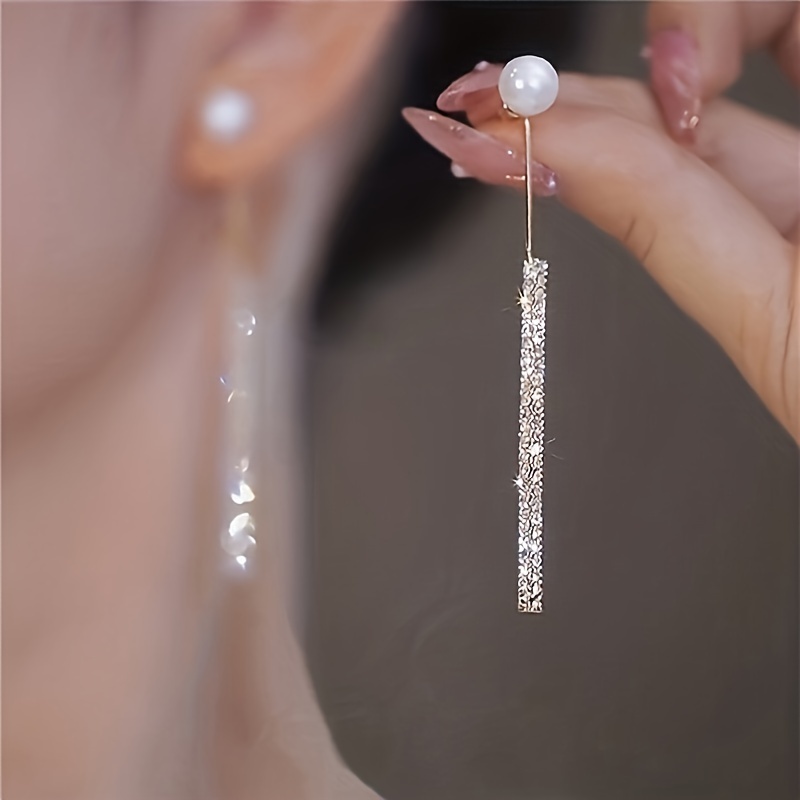 

Bling Bling Stick Faux Pearl Decor Dangle Earrings Elegant Sexy Style Silver Plated Jewelry Delicate Female Earrings