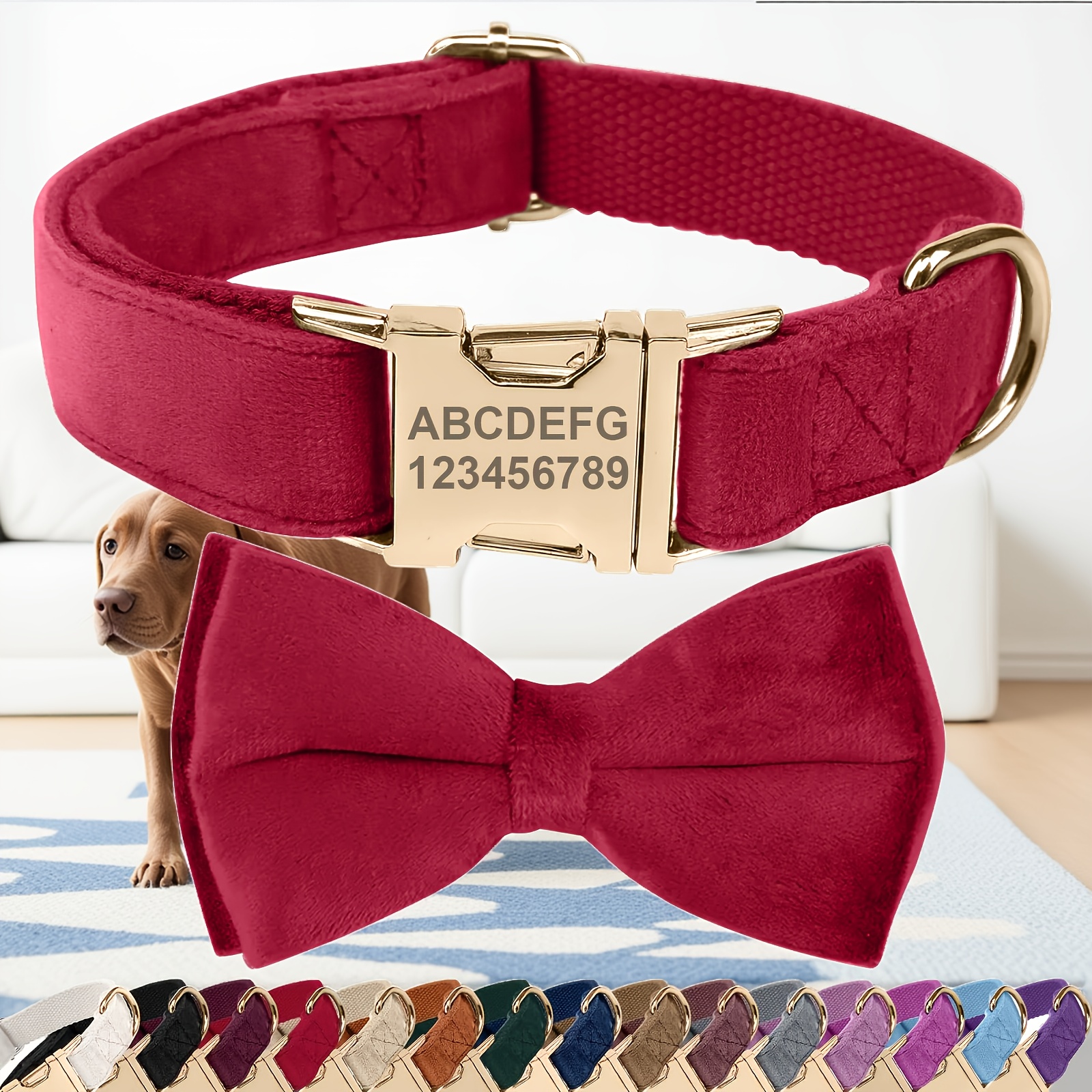 TEMU 2pcs Dog Collar & Bow Tie Set With Free Laser Engraving - Name/phone Number/text Suitable For Male & Female Pets, Adjustable Metal , Soft Velvet