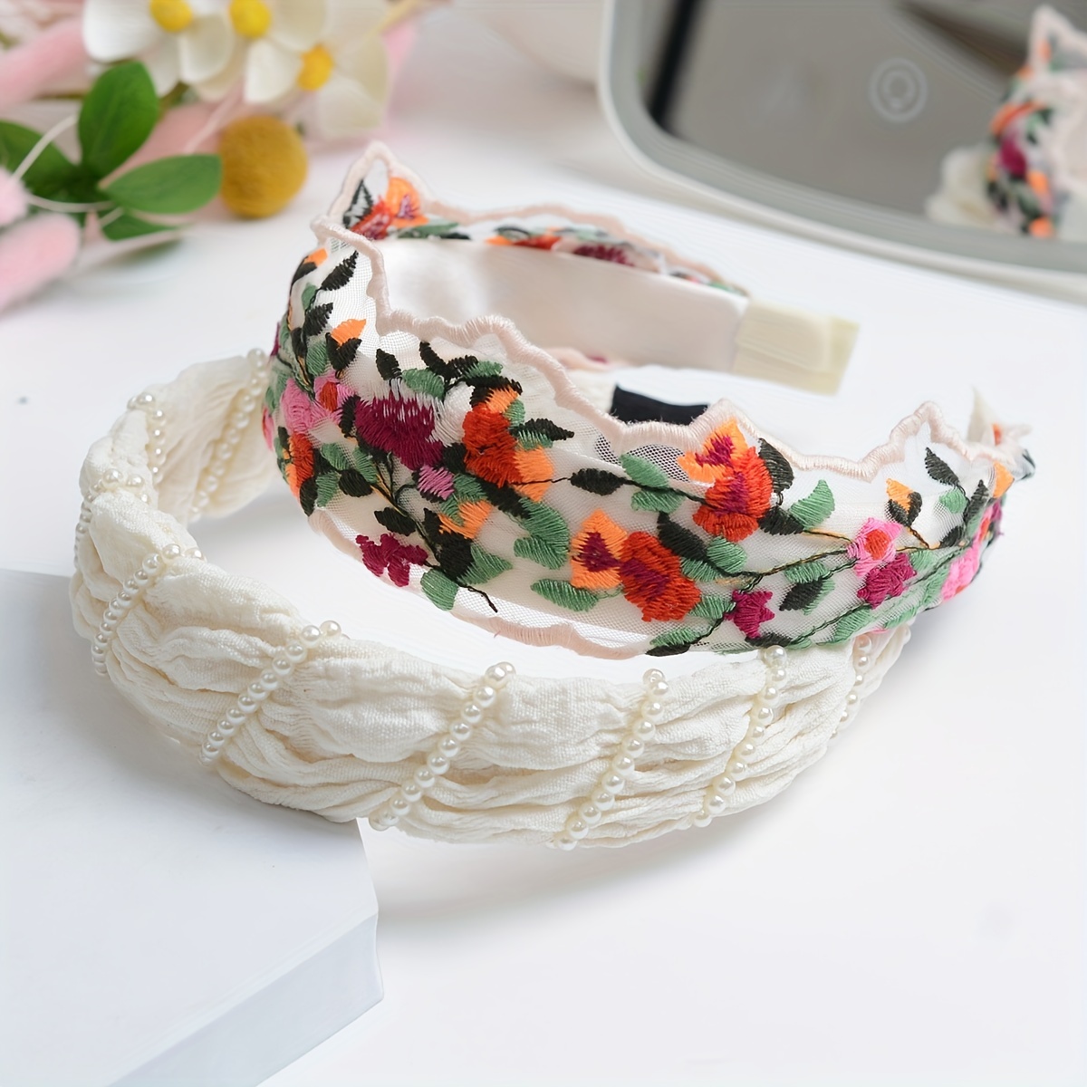 

1pc/2pcs Trendy Wide Brimmed Head Bands, Faux Pearl Decorative Hair Hoop, Embroidery Flower Hair Hoops For Women And Daily Use Wear