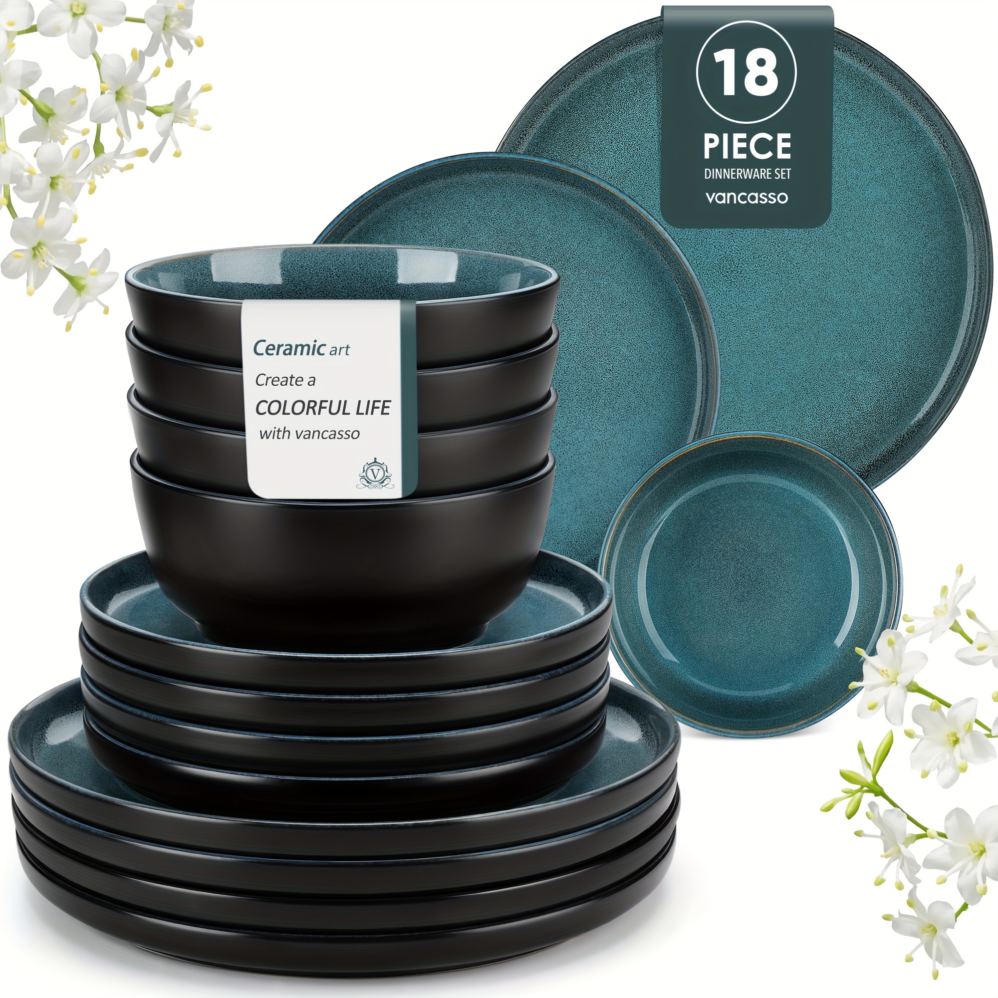 18pcs Dinnerware Collection Featuring Blue Stoneware With A Kiln Change Glaze, Including Dinner Plates, Dessert Plates, And Cereal Bowls, Designed To Serve 6