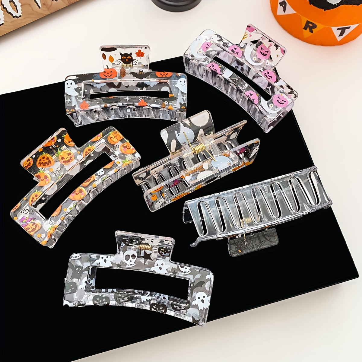 

6pcs Hair Claw Set - Cute Pumpkin & Designs, Large Rectangular Shark Clips For Women And Girls