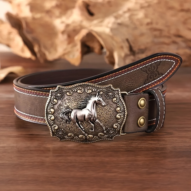 

1pc Men's Cowboy Theme Buckle Pu Leather Belt, Suitable For Matching Jeans