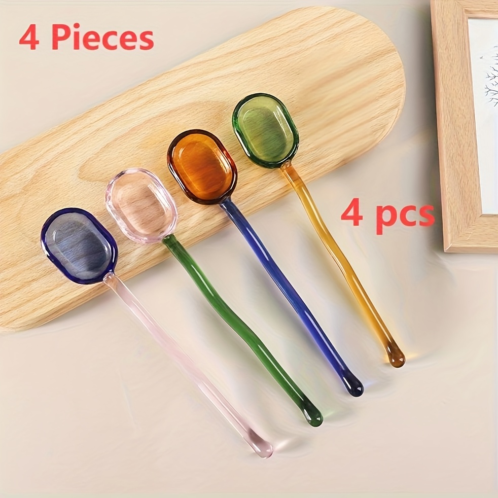 TEMU 4 Colorful Glass Spoons, Including Coffee Spoons, Specialty Spoons, Olive Spoons, Iced Tea Spoons, Jam Spoons, Grapefruit Spoons, Caviar Spoons,