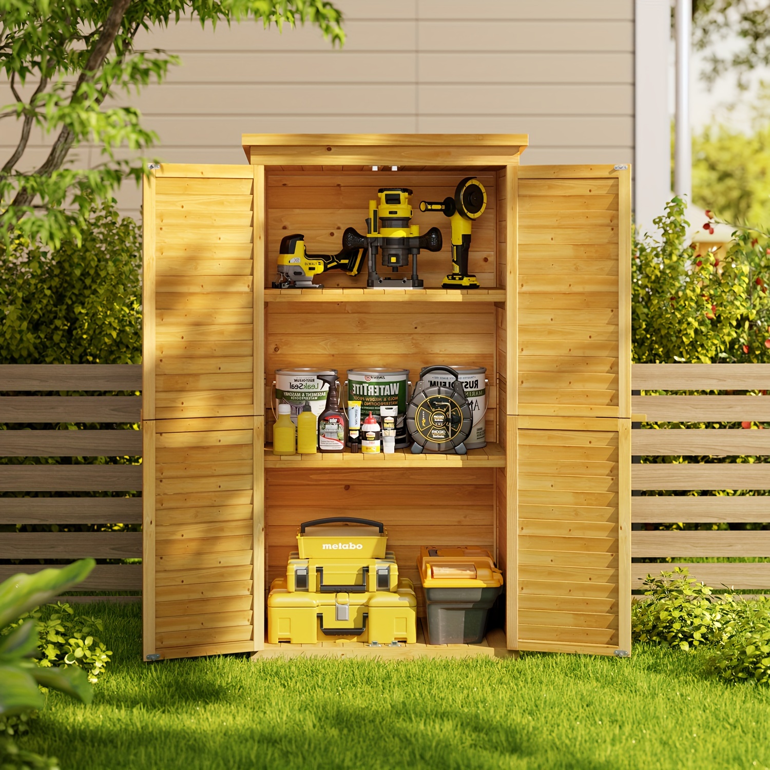 

Outdoor Storage Cabinet With 3 Shelves, Double Lockable Wooden Garden Shed With Waterproof Roof, Outside Vertical Tall Tool Shed For Yard Patio Lawn Deck-grey