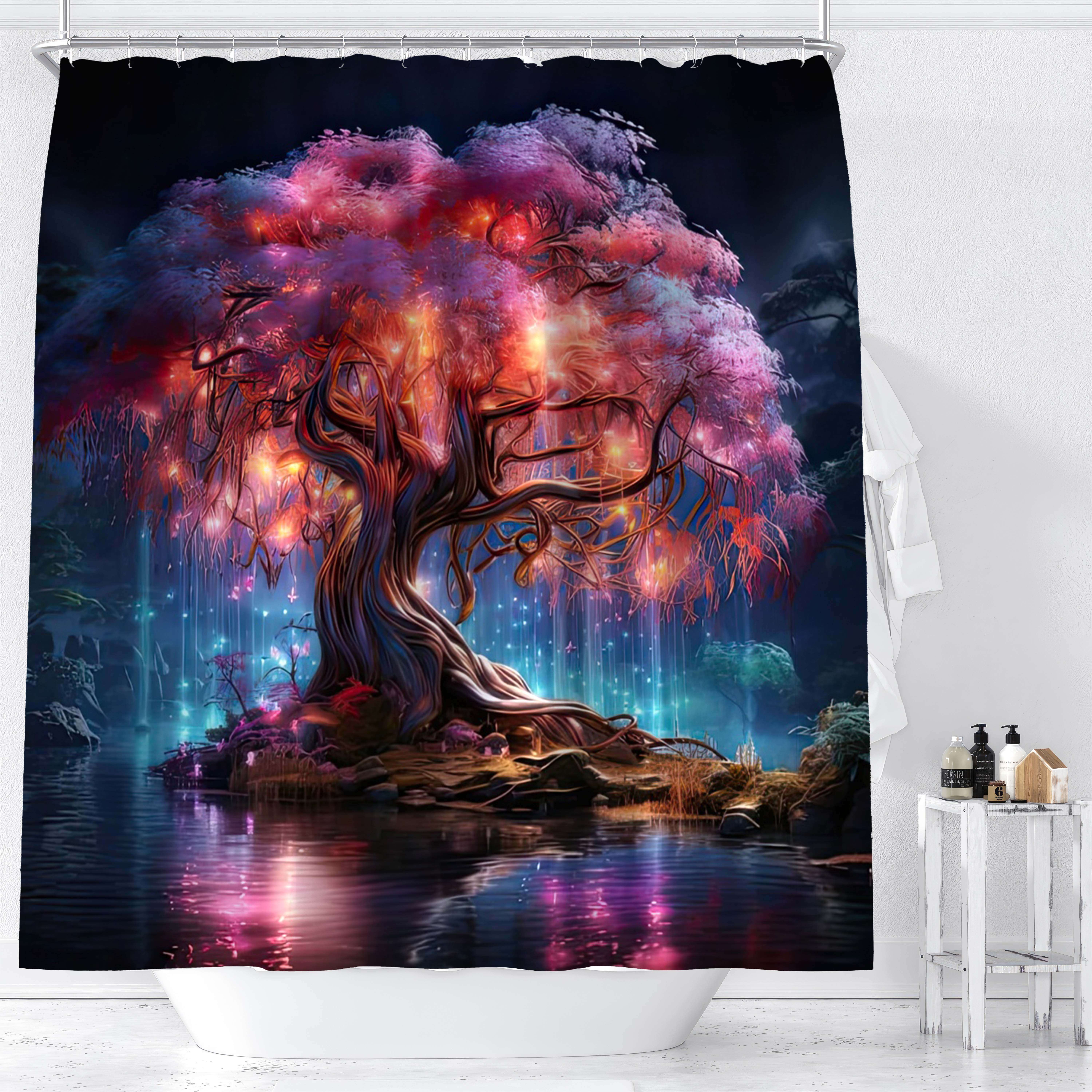 

1 rideau de douche imprimé numériquement avec forêt enchantée, arbre rose lumineux, vue nocturne sur le , design de mode artistique, décoration de salle de bain imperméable.