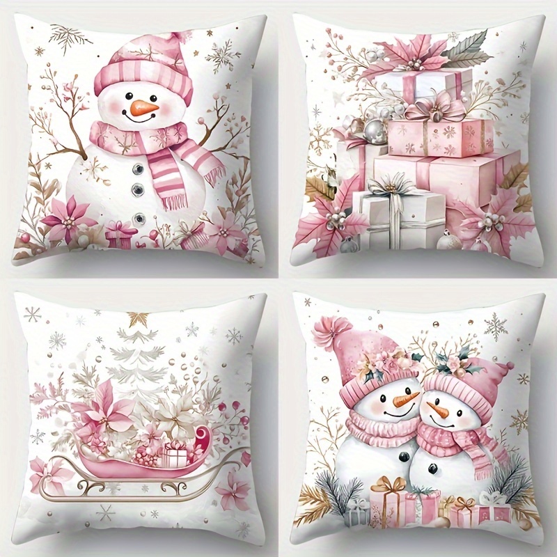 

4pcs Christmas Throw Pillow Covers, Christmas Tree, Snowman, Sleigh Pattern, Machine Washable, 18x18 Inch Zipper Closure - Suitable For Home, Car, Bedroom, Sofa, Office, Room Types - Without Pillow