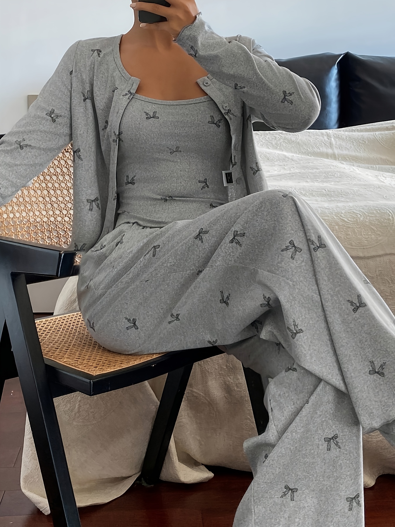 spring summer bow print pajama set womens long sleeve camisole and pants loungewear 3pcs set