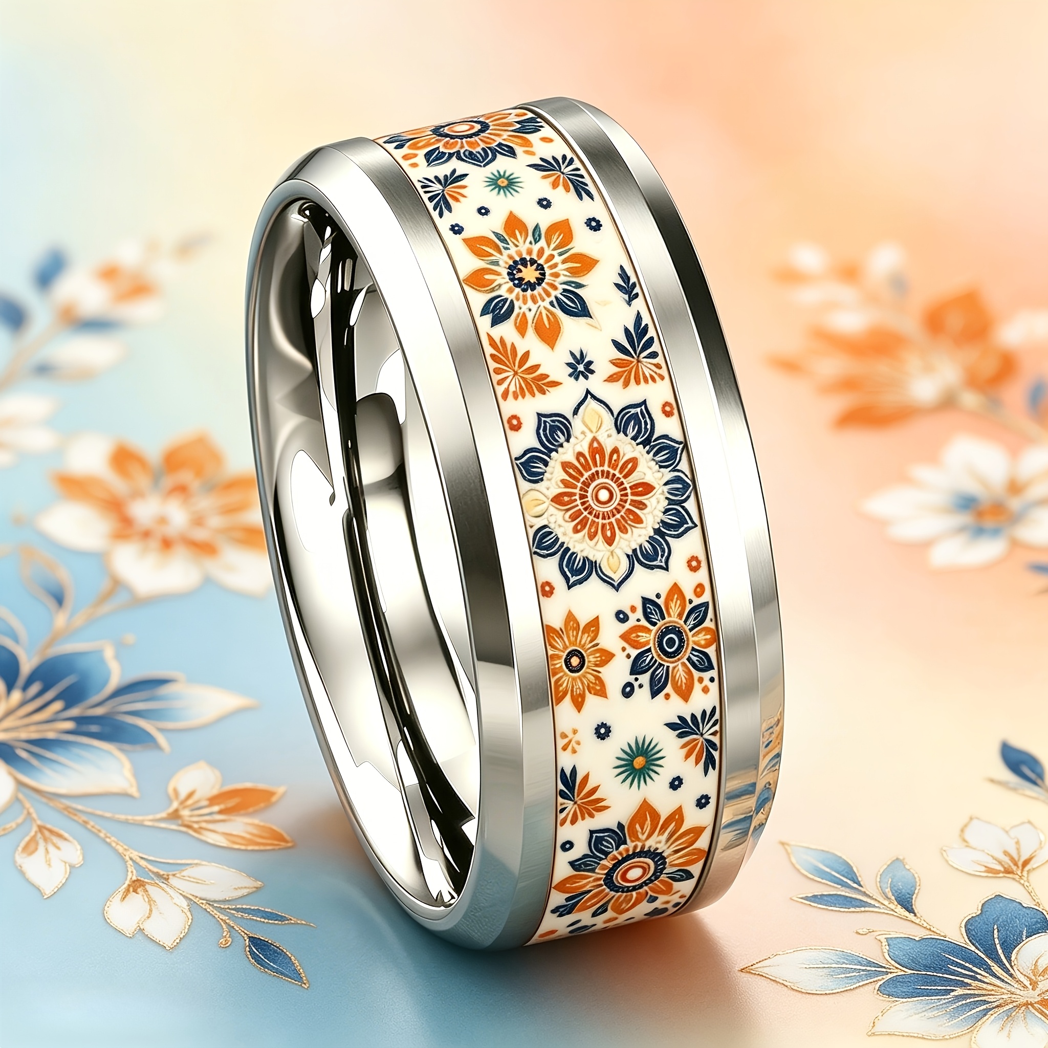 Exotic Entwined Floral Print 8mm Stainless Steel Ring
